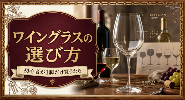 ワイングラスの選び方という記事タイトルと、1脚の万能型ワイングラス、赤白ワインのボトル、薄いリムやボウルなど選び方の要点を配したサムネイル