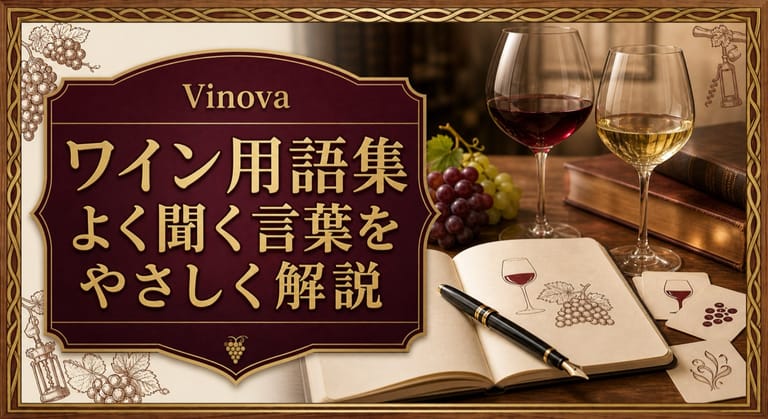 ワイン用語集という記事タイトルと、赤ワインと白ワインのグラス、開いたノート、万年筆、学習カードを並べたサムネイル
