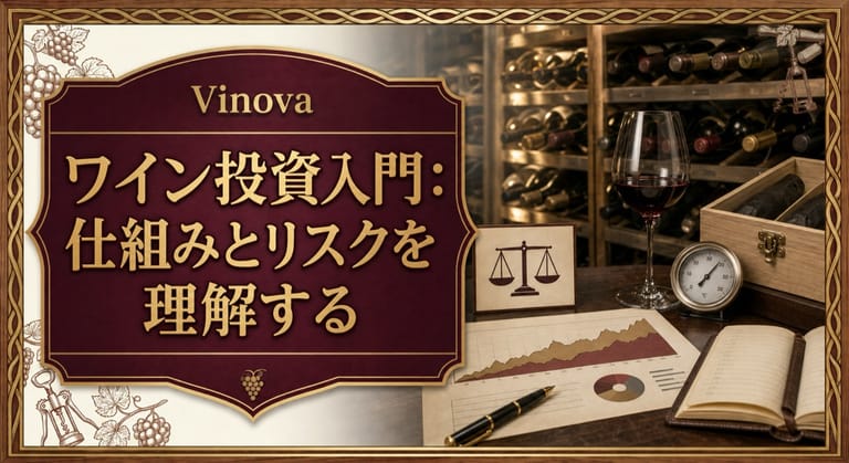 ワイン投資入門：仕組みとリスクを理解するという記事タイトルと、温度管理されたセラー、保管中のボトル、リスクチャート、温度計、木箱を並べたサムネイル
