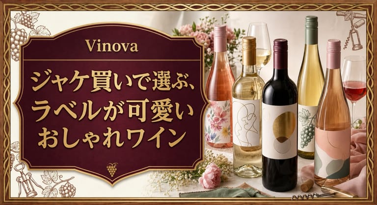 ジャケ買いで選ぶ、ラベルが可愛いおしゃれワインという記事タイトルと、花柄や線画、金箔風などのおしゃれな抽象ラベルのワインボトルを並べたサムネイル