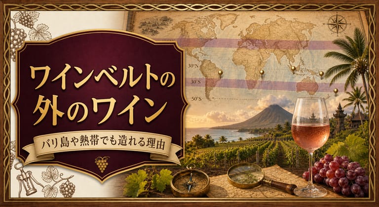 ワインベルトの外のワインという記事タイトルと、ワインベルトを示した世界地図、熱帯の海沿いのブドウ畑、ロゼワインを配したサムネイル