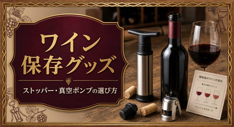 ワインストッパー・真空ポンプで鮮度を保つ選び方という記事タイトルと、開栓後のワインボトル、真空ポンプ、密閉ストッパー、シャンパンストッパー、鮮度カードを並べたサムネイル