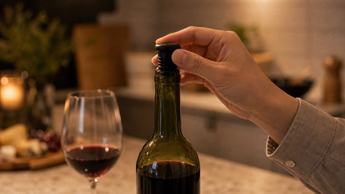 飲み残したワインに真空ストッパーを使う手元