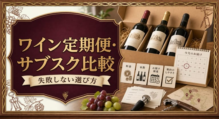 ワイン定期便・サブスク比較という記事タイトルと、配送箱に入ったワイン、今月のお届けカレンダー、料金・本数・頻度・解約のしやすさの比較カードを配したサムネイル