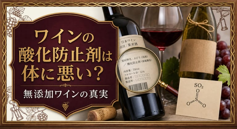 ワインの酸化防止剤は体に悪い？無添加ワインの真実という記事タイトルと、虫眼鏡で確認するワインの裏ラベル、SO2の分子カード、赤ワイン、ブドウを配したサムネイル