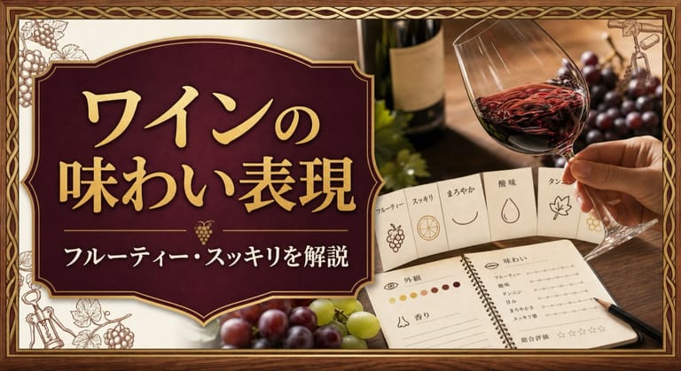ワインの味わい表現「フルーティー」「スッキリ」の意味を解説という記事タイトルと、ワインを回すグラス、味わい表現カード、テイスティングノート、ブドウを並べたサムネイル