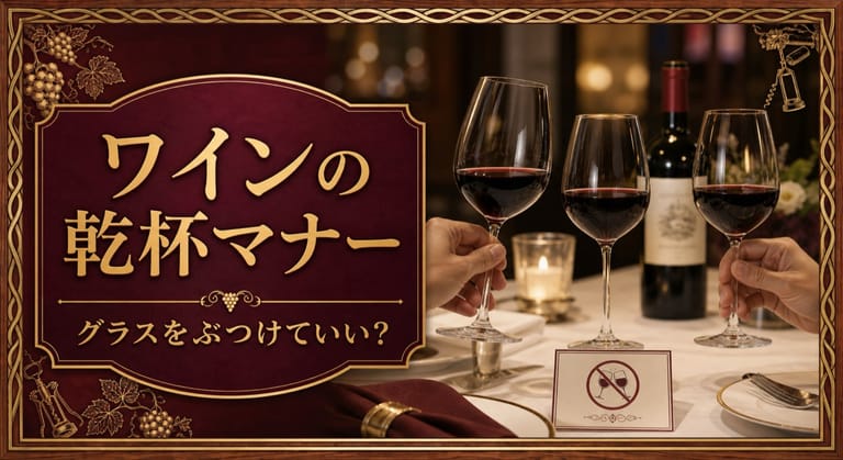 ワインの乾杯はグラスをぶつけていい？基本マナーという記事タイトルと、触れ合わない距離で掲げた複数のワイングラス、上品なテーブル、乾杯マナーのカードを配したサムネイル