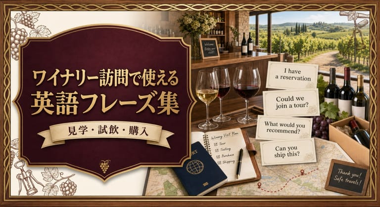 ワイナリー訪問で使える英語フレーズ集という記事タイトルと、海外ワイナリーの試飲カウンター、英語フレーズカード、旅のノート、パスポート、購入用ボックスを配したサムネイル
