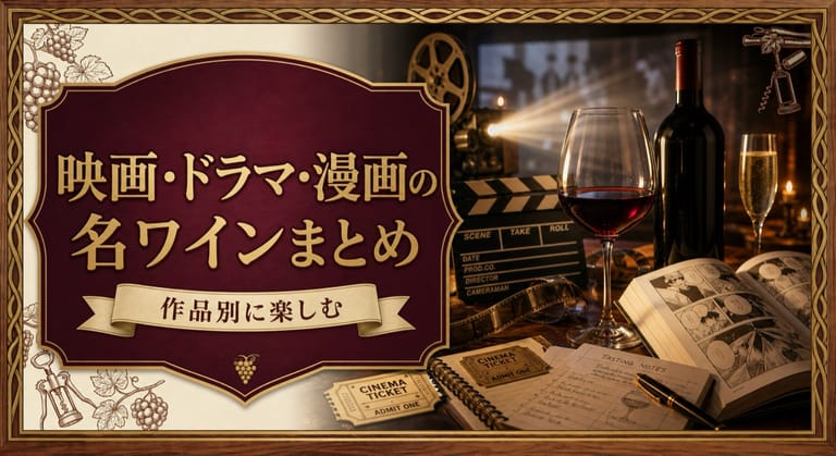 映画・ドラマ・漫画の名ワインまとめという記事タイトルと、映画フィルム、カチンコ、漫画ページ、赤ワイン、シャンパーニュを並べたサムネイル