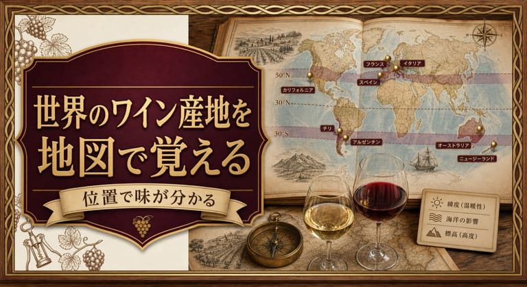 世界のワイン産地を地図で覚えるという記事タイトルと、ワインベルトを示した世界地図、主要産地のピン、赤白ワインのグラス、方位磁針を配したサムネイル