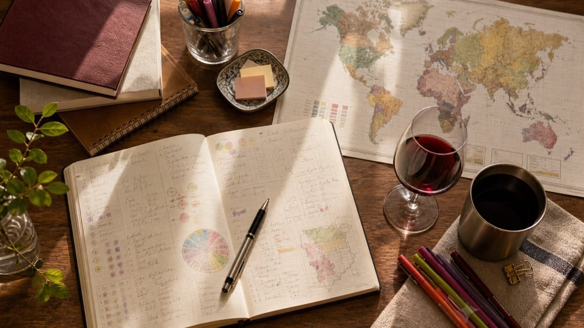 ワイン学習用のノートと地図を広げた勉強机の俯瞰。WSETの独学イメージ