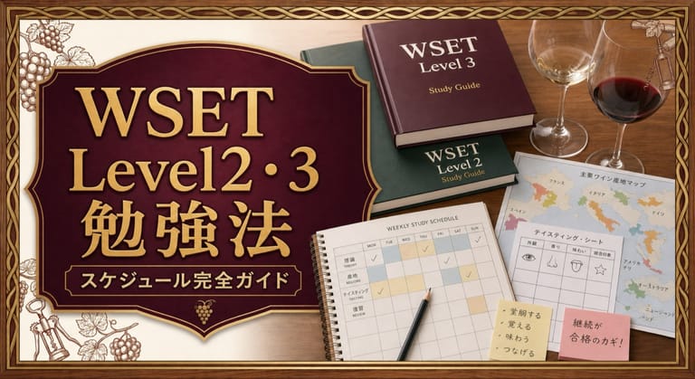 WSET Level2・3の勉強法とスケジュール完全ガイドという記事タイトルと、WSET Level2・3の学習書、週間スケジュール、産地地図、テイスティングシート、ワイングラスを並べたサムネイル