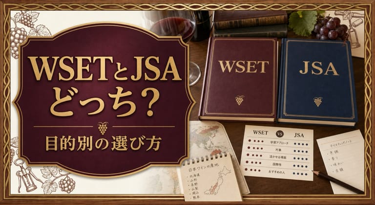 WSETとJSA、どっちを受けるべき？目的別の選び方という記事タイトルと、WSETとJSAの学習書、ワイングラス、地図、比較カード、学習ノートを並べたサムネイル