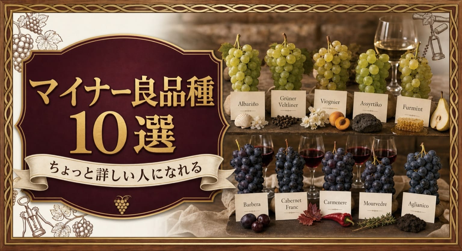 マイナー良品種10選という記事タイトルと、白5種・赤5種のブドウ、品種名カード、赤白ワインのグラス、香りのモチーフを並べたサムネイル