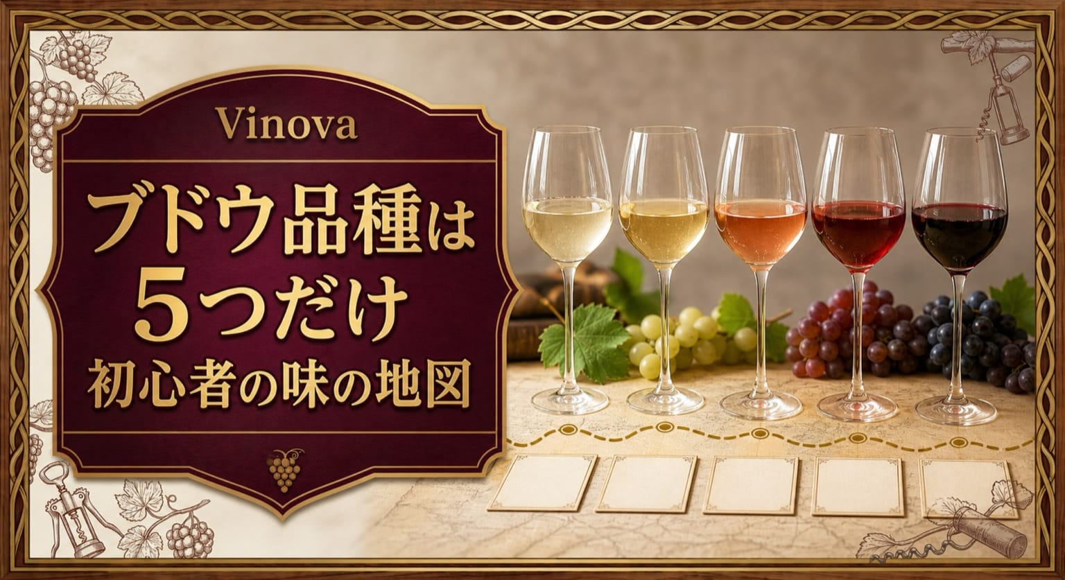 ブドウ品種は5つだけという記事タイトルと、白から赤へ色が濃くなる5つのワイングラスと味の地図を並べたサムネイル