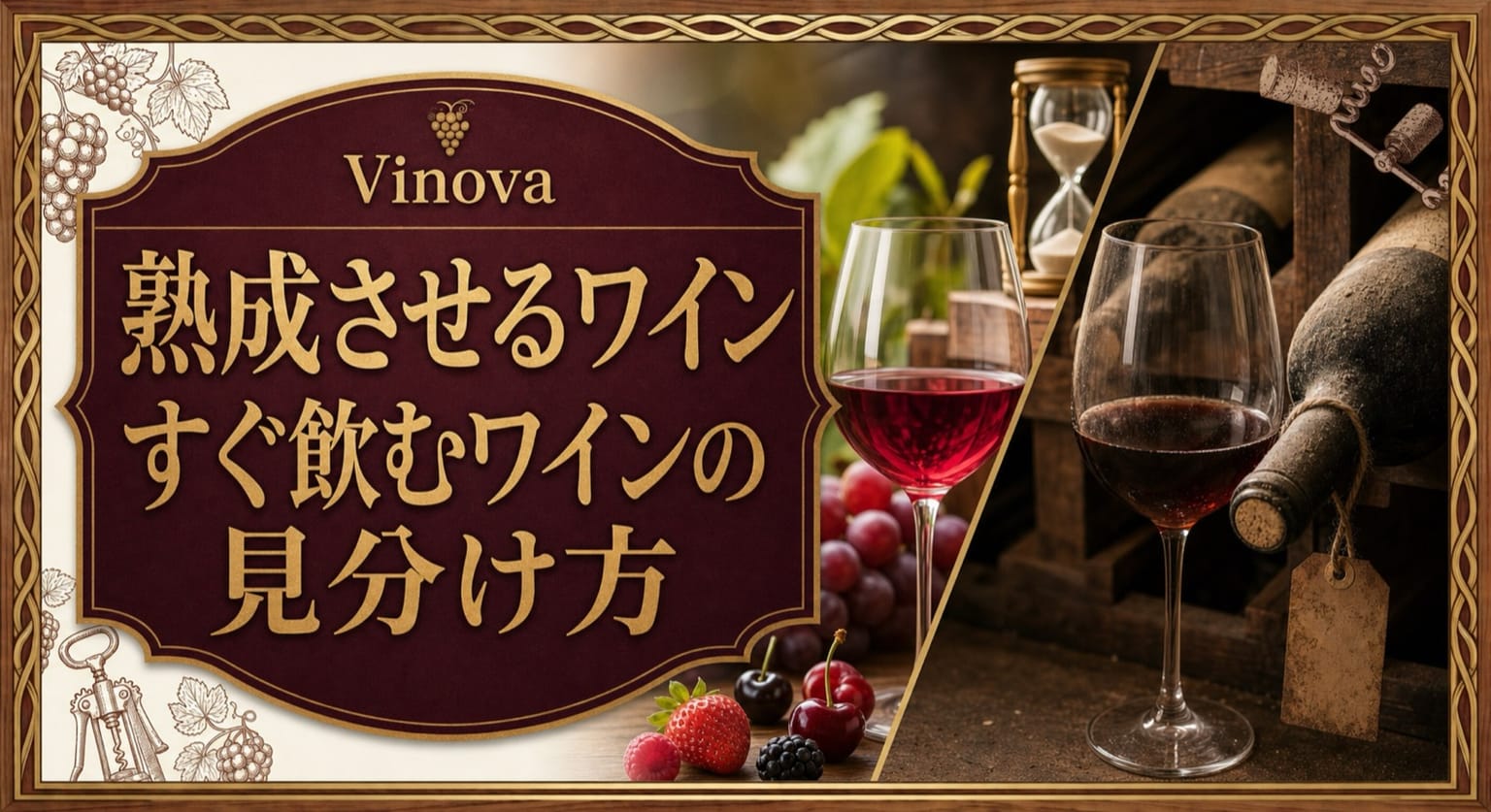 熟成させるワインとすぐ飲むワインの見分け方という記事タイトルと、若いワイン、熟成ワイン、セラーのボトル、砂時計を対比したサムネイル