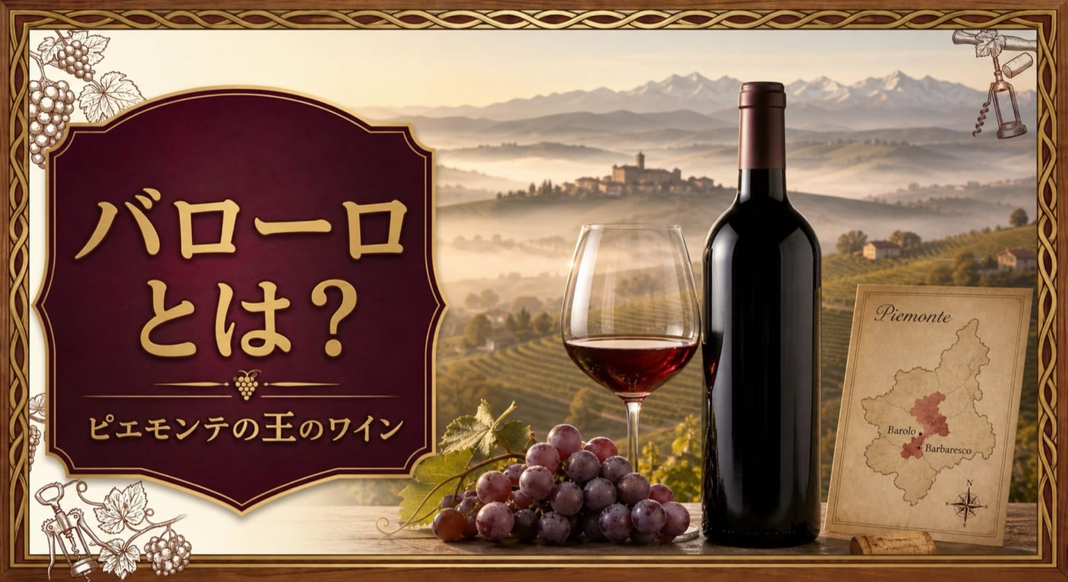 バローロとは?ピエモンテの王のワインを知るという記事タイトルと、霧のかかるピエモンテ風の丘陵、ガーネット色の赤ワイン、ネッビオーロ、ピエモンテ地図を配したサムネイル