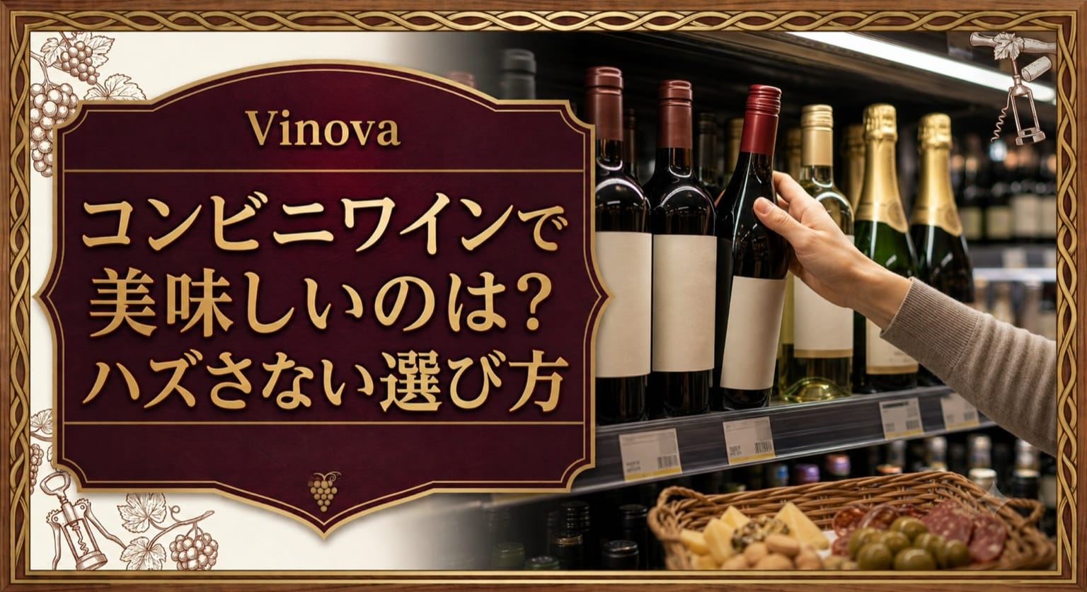 コンビニワインで美味しいのは?という記事タイトルと、夜のワイン棚でボトルを選ぶ手元とおつまみを配したサムネイル