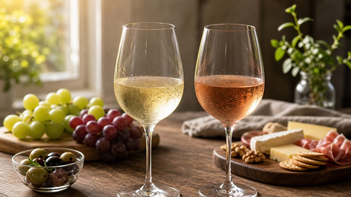 やわらかな光の中に置かれた、飲みやすい白とロゼのワイングラス