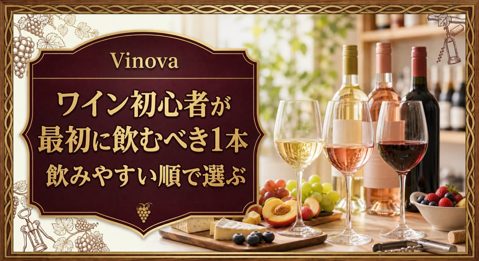 ワイン初心者が最初に飲むべき1本という記事タイトルと、白・ロゼ・軽い赤のグラスを明るいテーブルに並べたサムネイル