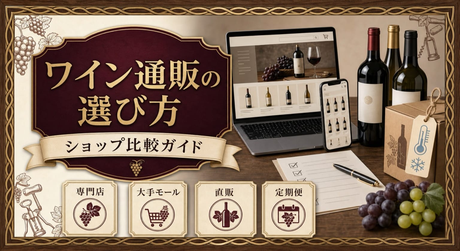 ワイン通販の選び方という記事タイトルと、ノートパソコンとスマートフォンの通販画面、配送箱、温度管理の表示、専門店・大手モール・直販・定期便の比較カードを配したサムネイル