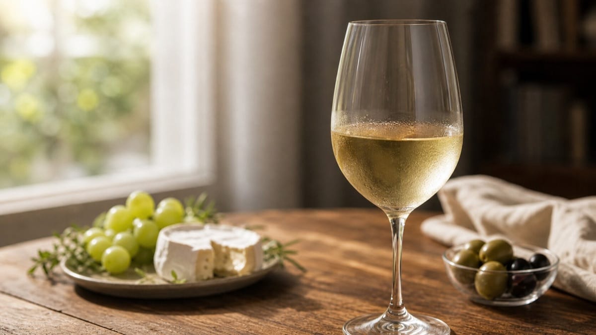 冷やした白ワインが注がれたグラス。初心者にも飲みやすい淡い黄金色
