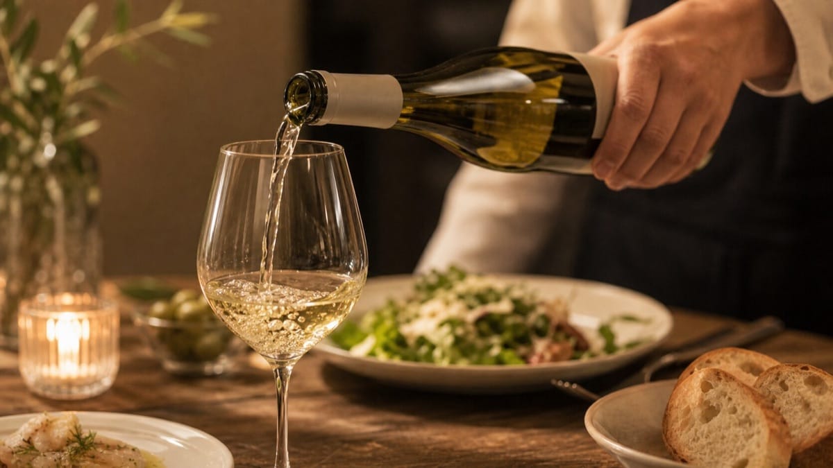白ワインをグラスに注ぐ手元。適温で飲むと初心者にも飲みやすい