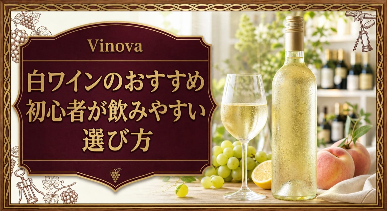 白ワインのおすすめという記事タイトルと、冷えた白ワイン、白ブドウ、柑橘、白桃を明るいテーブルに並べた初心者向けサムネイル