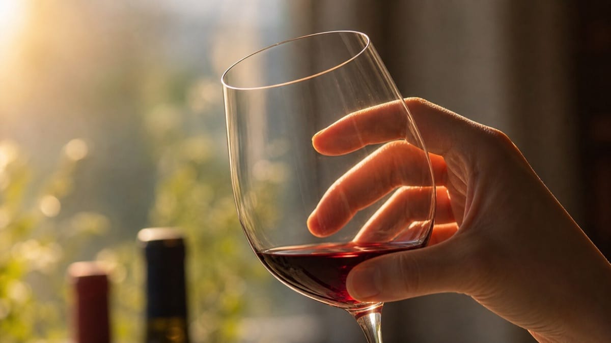 極薄で軽量なワイングラスを手に取り、飲み口の薄さを確かめる様子