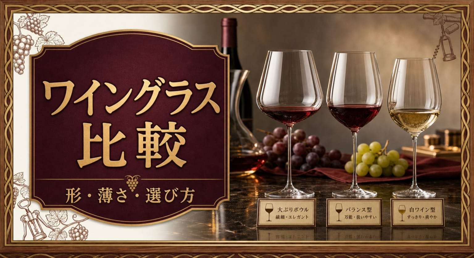 ワイングラス比較|リーデル・ザルト・木村硝子という記事タイトルと、形や薄さの異なる3種類のワイングラス、赤ワイン、白ワイン、比較タグを並べたサムネイル