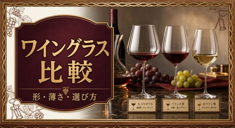 ワイングラス比較|リーデル・ザルト・木村硝子という記事タイトルと、形や薄さの異なる3種類のワイングラス、赤ワイン、白ワイン、比較タグを並べたサムネイル