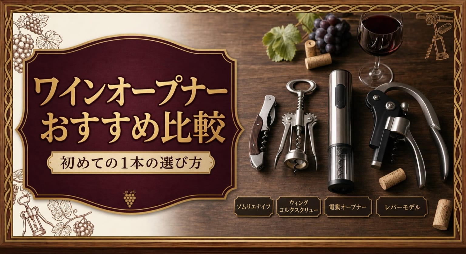 ワインオープナーおすすめ比較|初めての1本の選び方という記事タイトルと、ソムリエナイフ、ウイング型、電動、レバー式のワインオープナーを木のテーブルに並べて比較したサムネイル