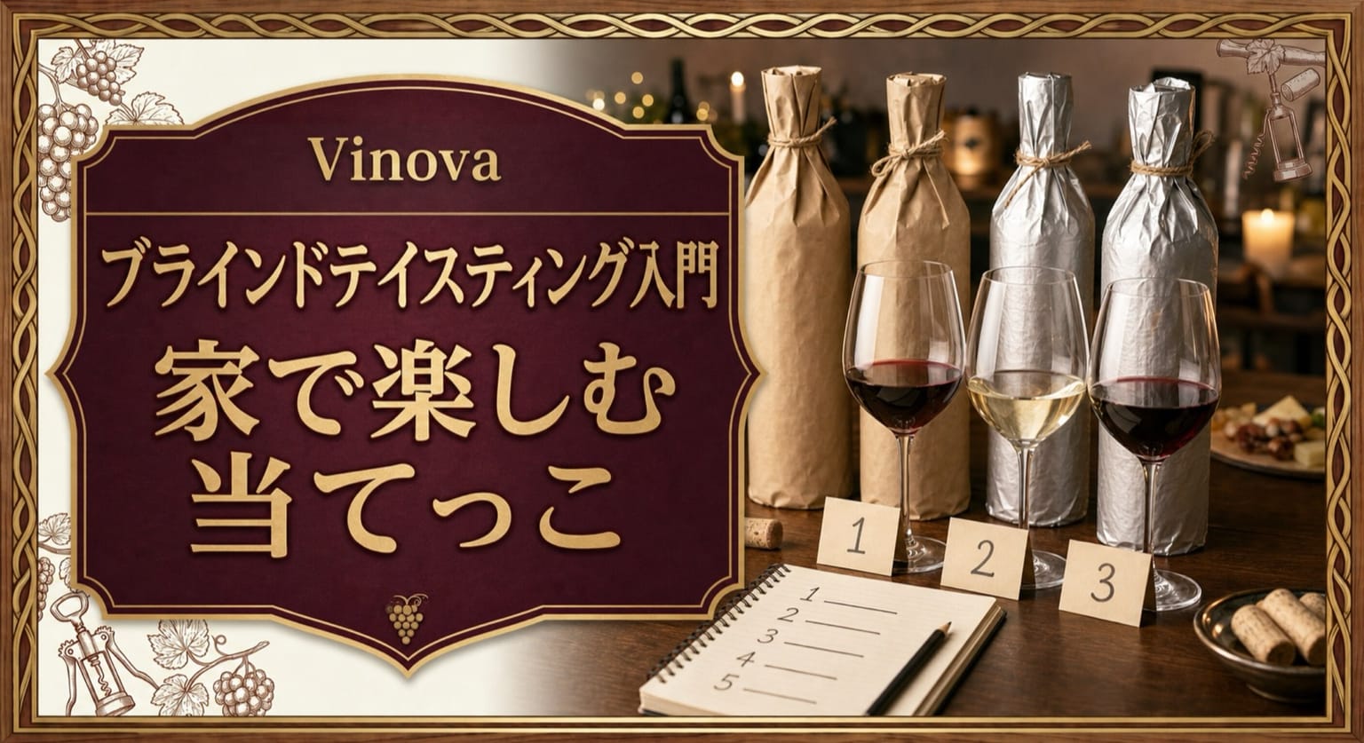 ブラインドテイスティング入門という記事タイトルと、紙袋やホイルで隠したボトル、番号カード、ワイングラスを並べたサムネイル