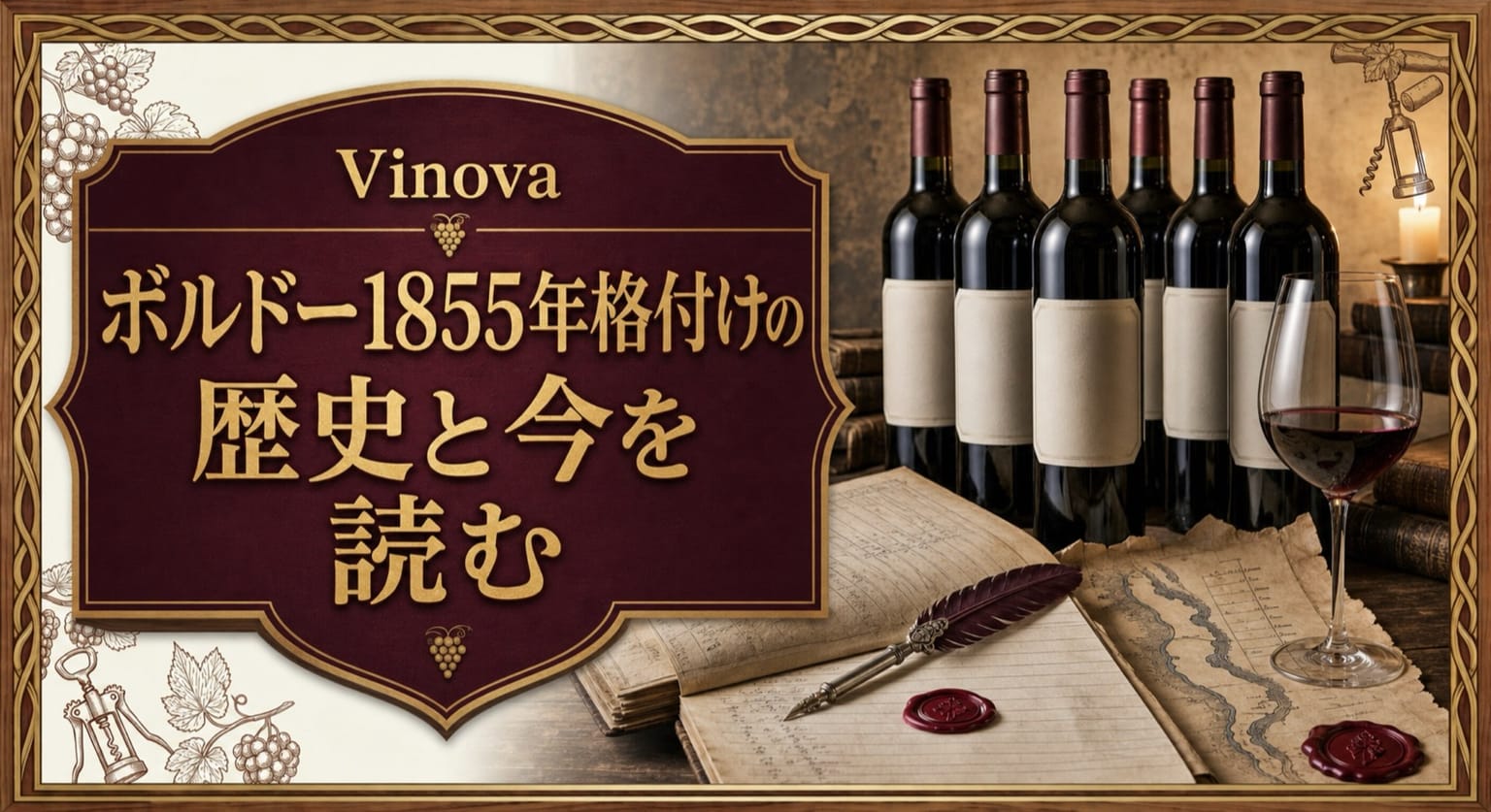 ボルドー1855年格付けの歴史と今を読むという記事タイトルと、古い台帳、羽根ペン、ワックスシール、格付けを思わせるボトル列を並べた歴史的なサムネイル