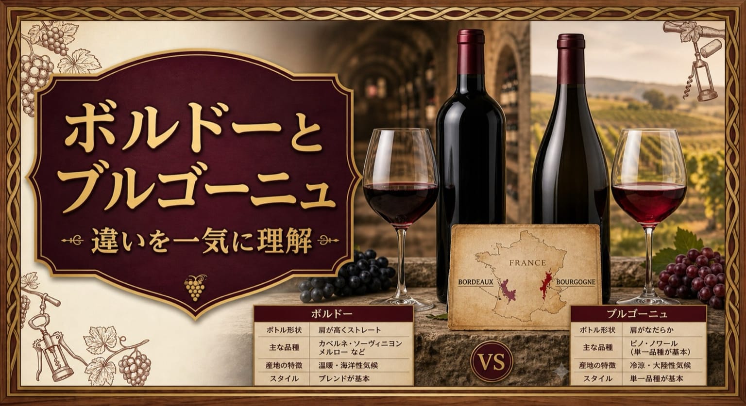 ボルドーとブルゴーニュの違いを一気に理解するという記事タイトルと、いかり肩のボルドー型ボトルとなで肩のブルゴーニュ型ボトル、2つの赤ワイン、フランス地図、比較表を並べたサムネイル