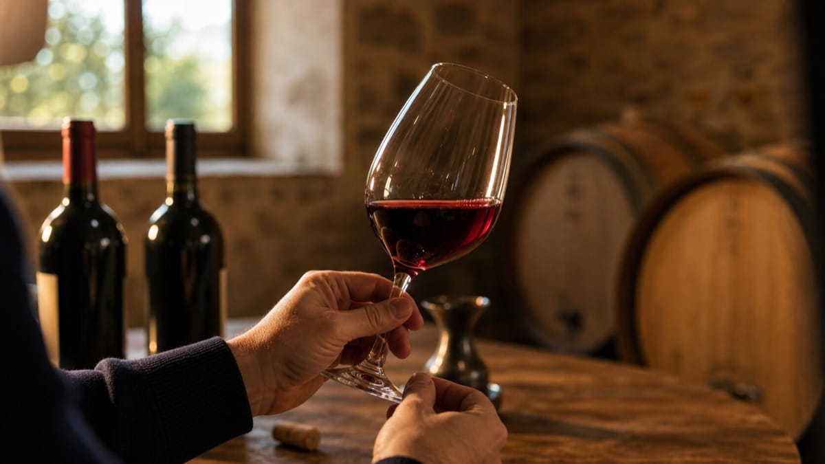 シャトーの試飲室で赤ワインのグラスを傾ける手元