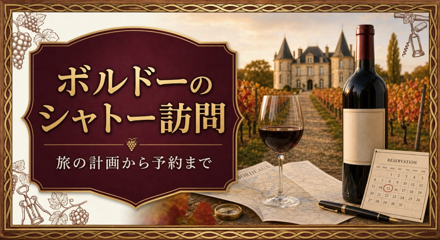ボルドーのシャトー訪問ガイド:旅の計画から予約までという記事タイトルと、秋のボルドー風ブドウ畑とシャトー、旅行地図、予約カレンダー、ワインボトルを配したサムネイル
