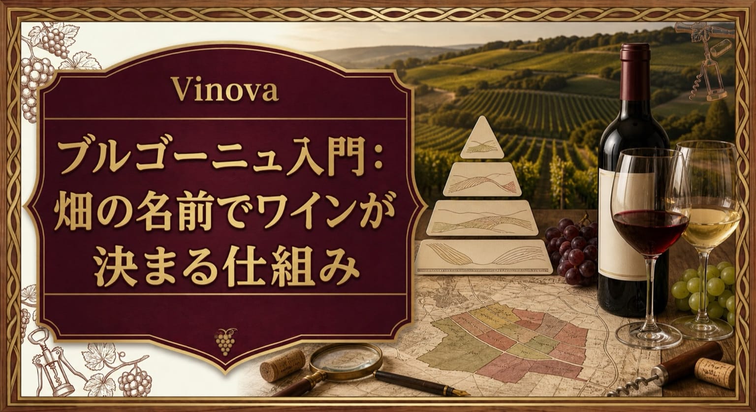 ブルゴーニュ入門:畑の名前でワインが決まる仕組みという記事タイトルと、ブルゴーニュの区画地図、格付けピラミッド、赤白ワインのグラスを並べたサムネイル