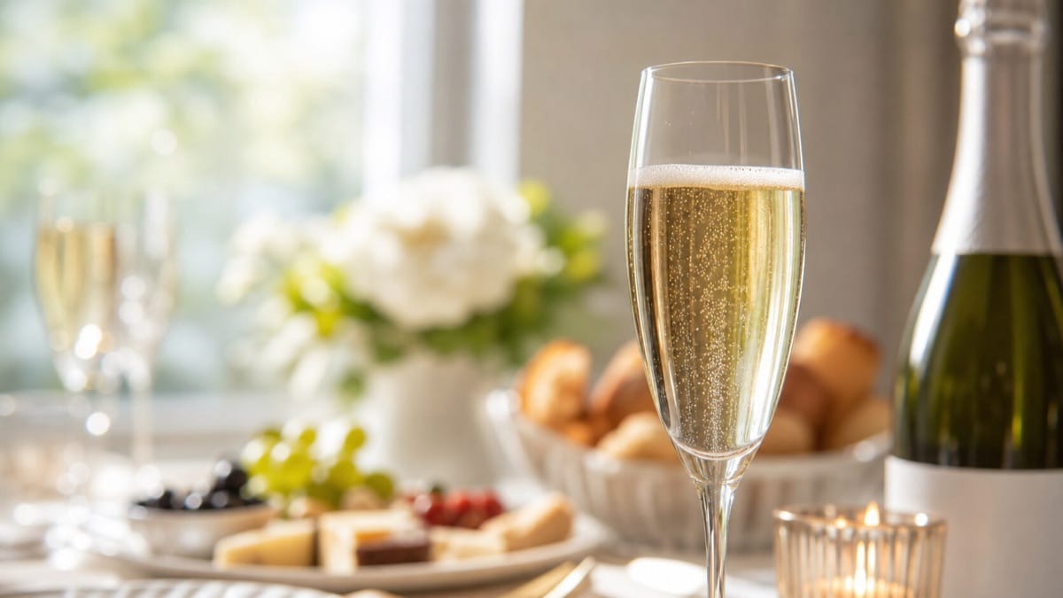 細かな泡が立ちのぼる一杯のシャンパンと明るい祝いの席
