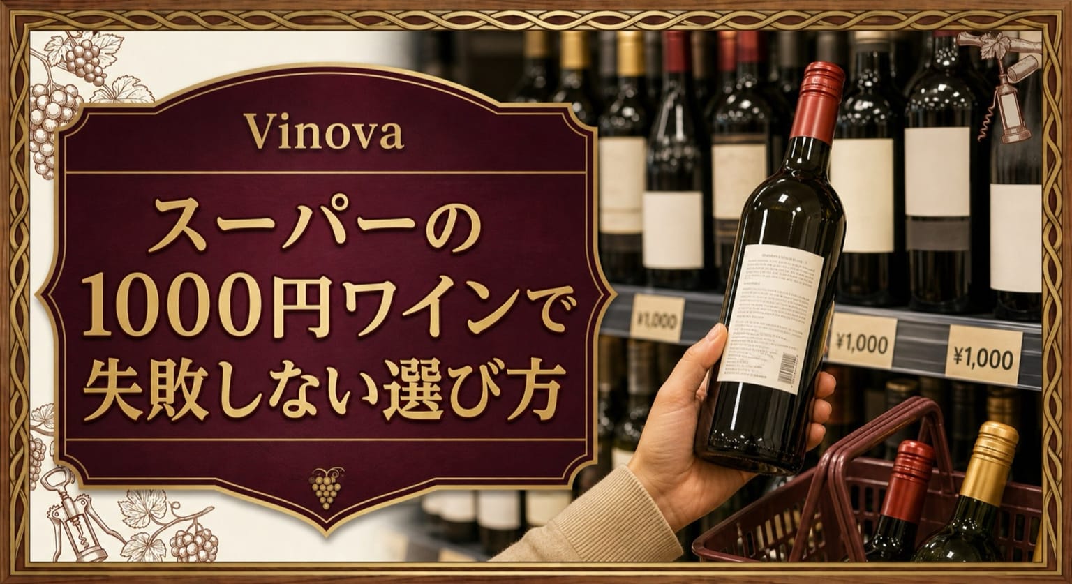 スーパーの1000円ワインで失敗しない選び方という記事タイトルと、ワイン棚で裏ラベルと価格を確認する手元を配したサムネイル
