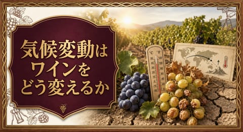 気候変動はワインをどう変えるかという記事タイトルと、強い日差しのブドウ畑、乾いた土壌、温度計、ブドウ、産地移動を示す地図カードを配したサムネイル