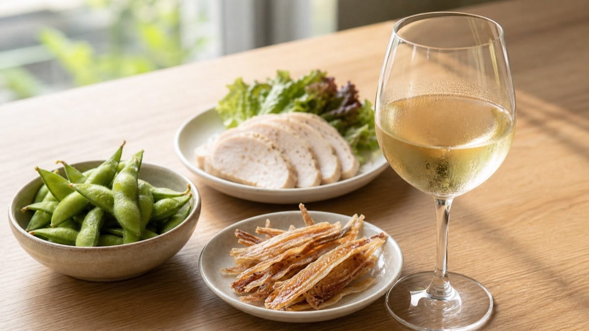 白ワインと枝豆・サラダチキンなどのおつまみを合わせたテーブル