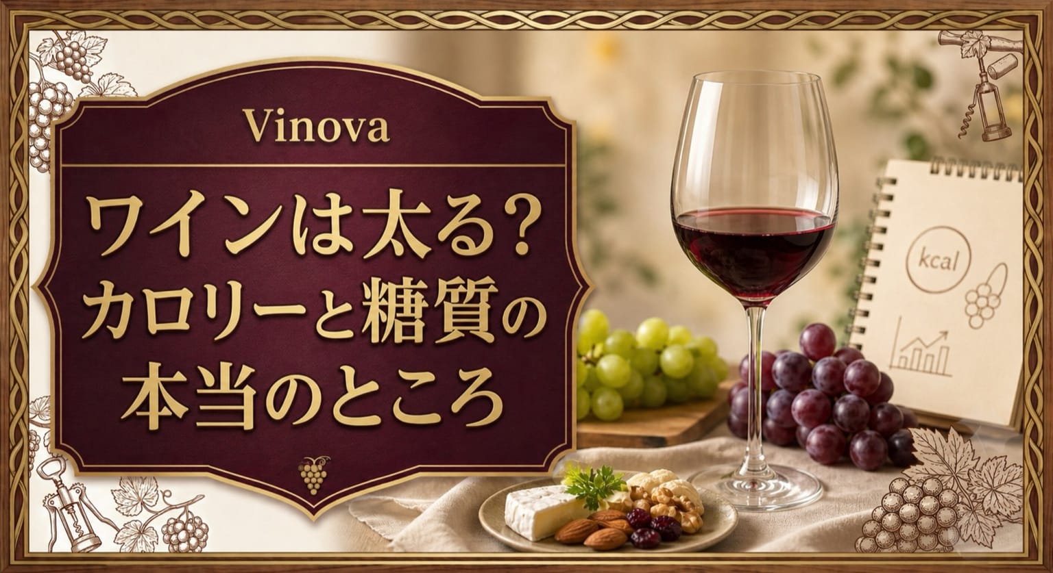ワインは太る?という記事タイトルと、赤ワイン、ブドウ、軽いおつまみ、カロリーのメモを上品に配したサムネイル