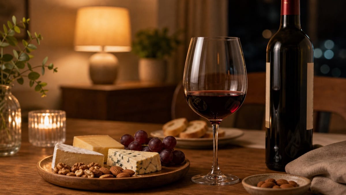 夜の自宅テーブルでチーズとナッツを添えて家飲みワインを楽しむ様子