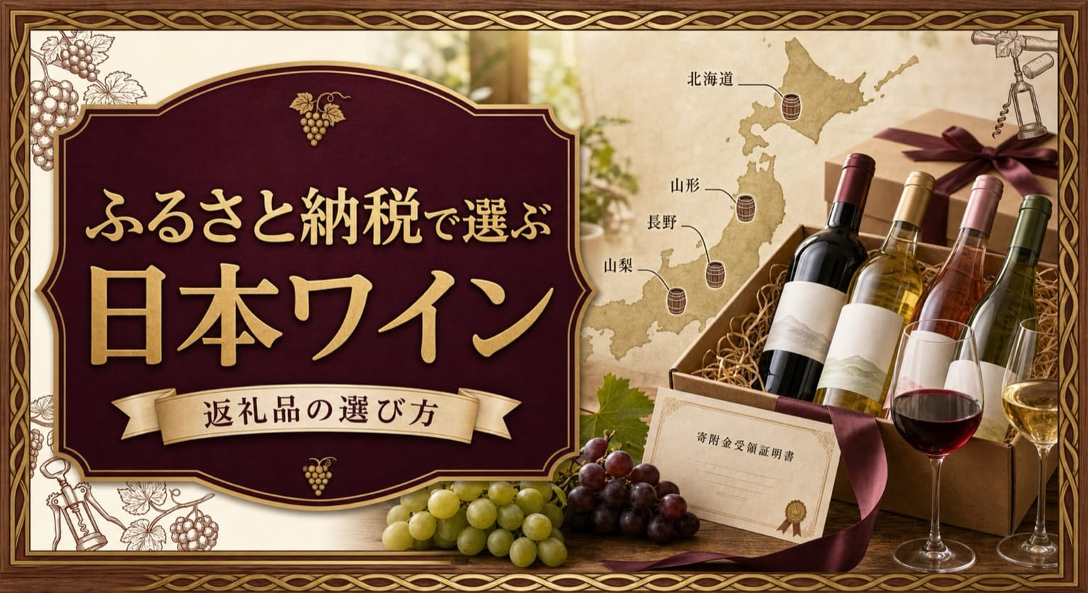 ふるさと納税で選ぶ日本ワインという記事タイトルと、返礼品ボックスに入った日本ワイン、山梨・長野・北海道などの日本地図、寄付証明書風カードを配したサムネイル