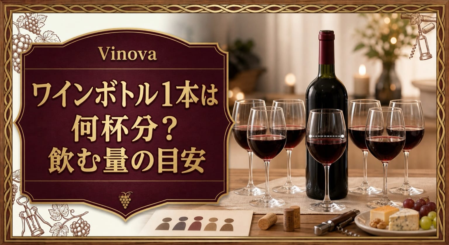 ワインボトル1本は何杯分?飲む量の目安という記事タイトルと、ワインボトル1本と複数のワイングラスを食卓に並べて量の目安を示したサムネイル