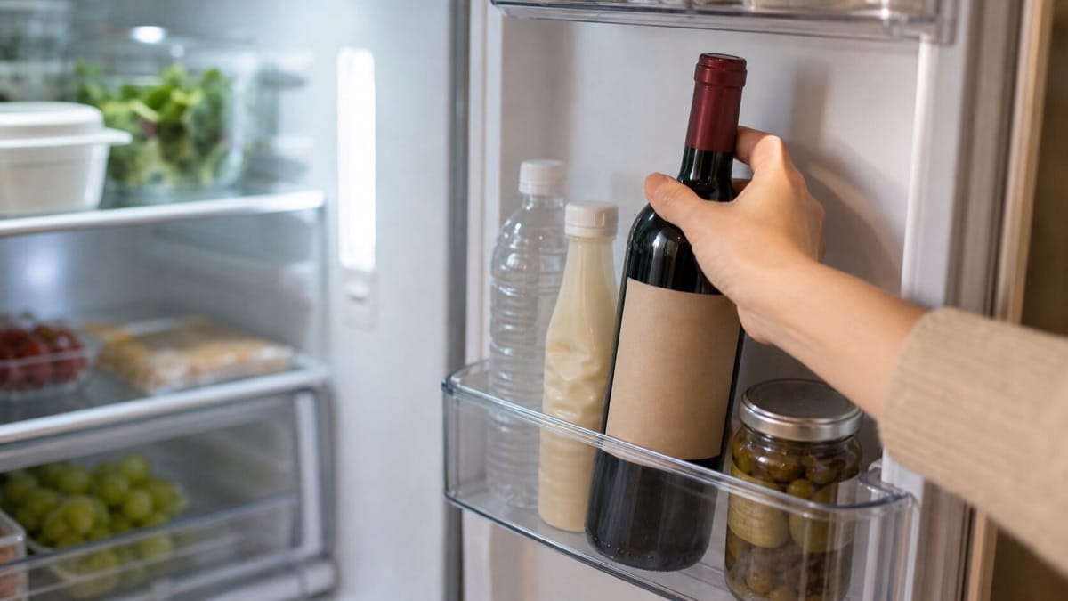 飲みかけの赤ワインを冷蔵庫に立てて保存する様子