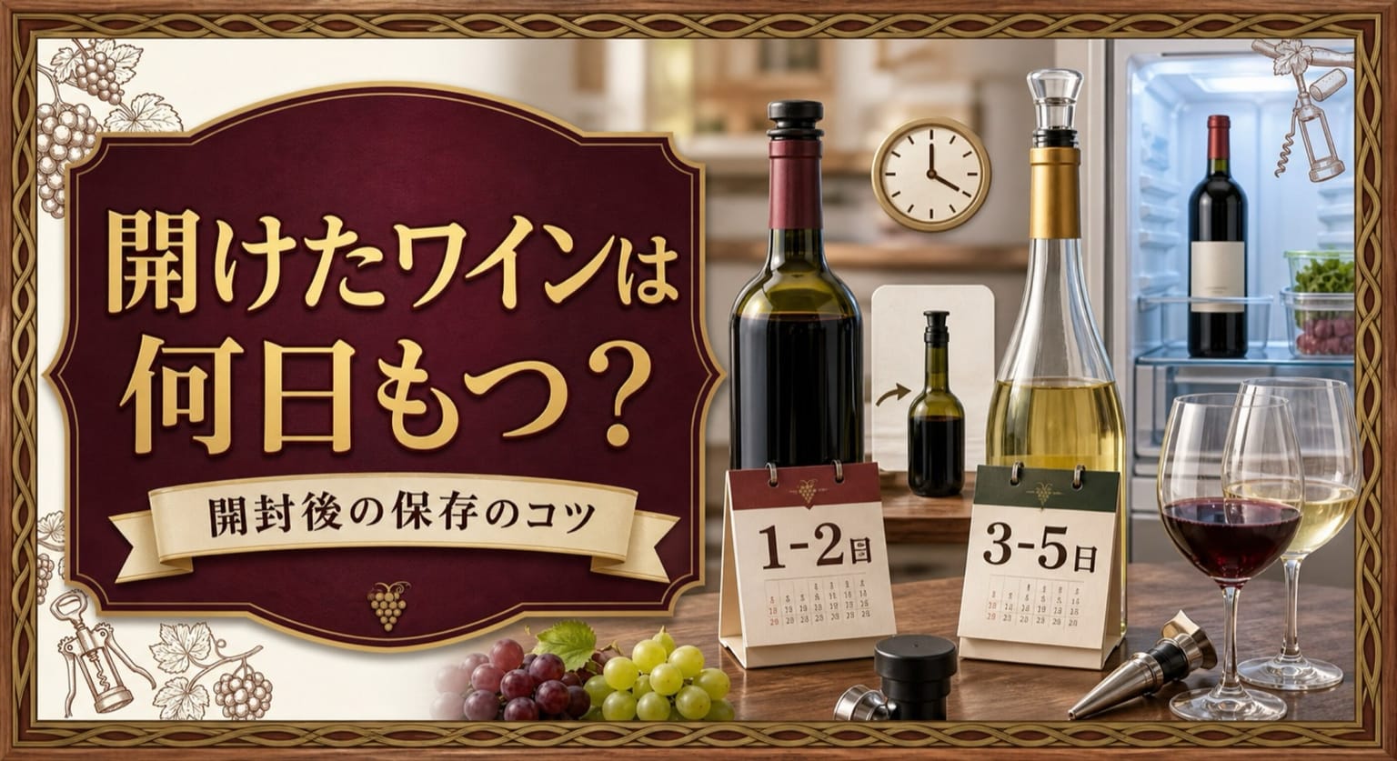 開けたワインは何日もつ?という記事タイトルと、栓をした赤白ワイン、冷蔵庫、1〜2日と3〜5日のカレンダー、保存用ストッパーを配したサムネイル