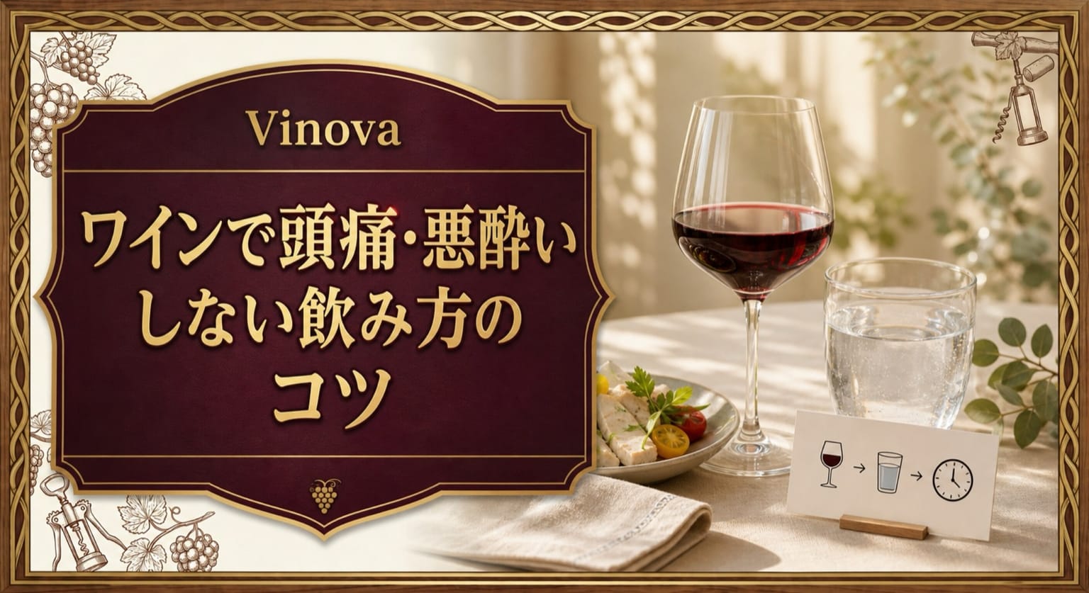 ワインで頭痛・悪酔いしない飲み方のコツという記事タイトルと、赤ワイン、水、軽食、飲むペースを示すカードを明るい食卓に並べたサムネイル