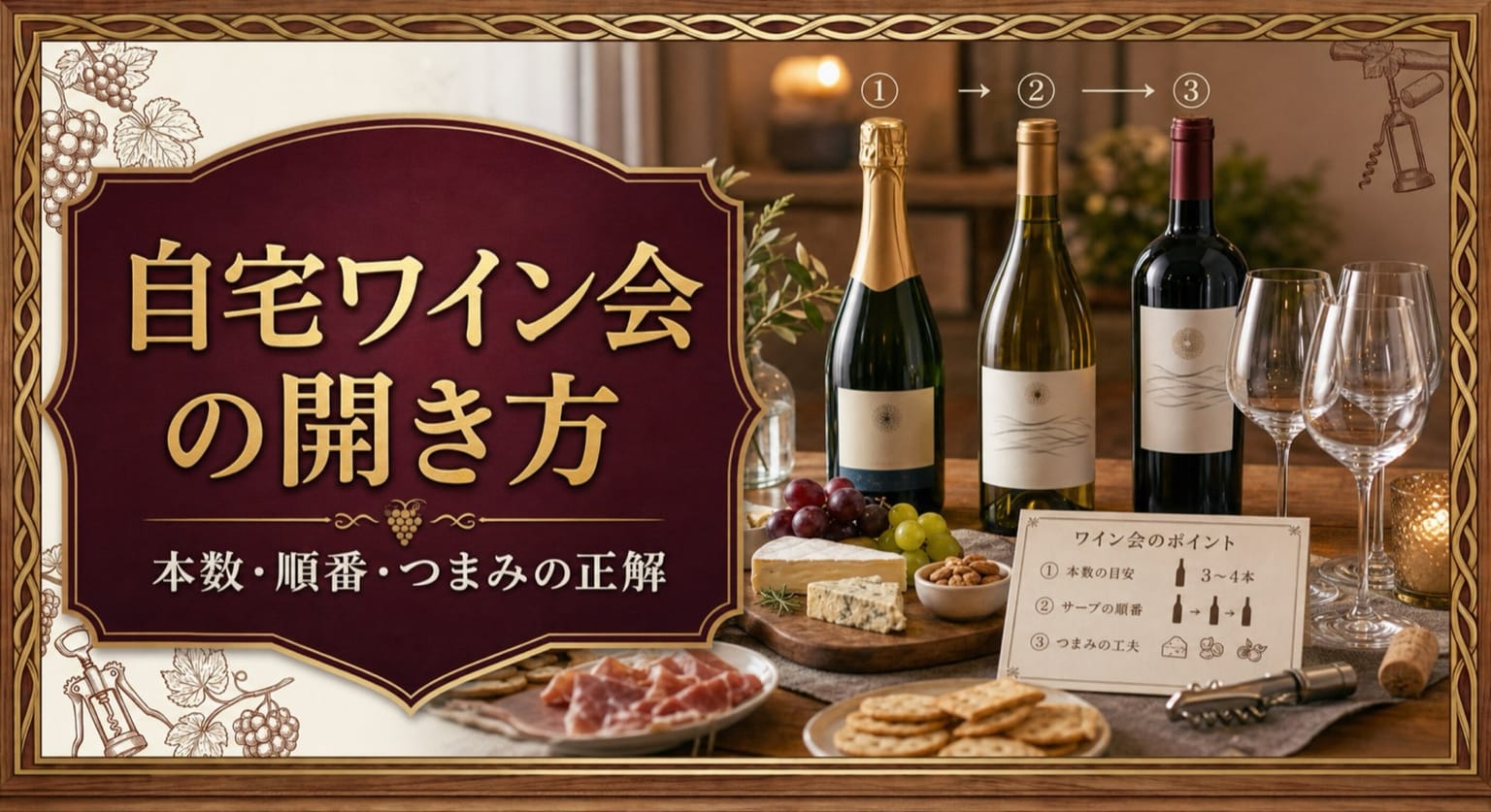 自宅ワイン会の開き方|本数・順番・つまみの正解という記事タイトルと、泡・白・赤のワインボトル、複数のグラス、チーズや生ハムのつまみ、進行カードを並べたサムネイル